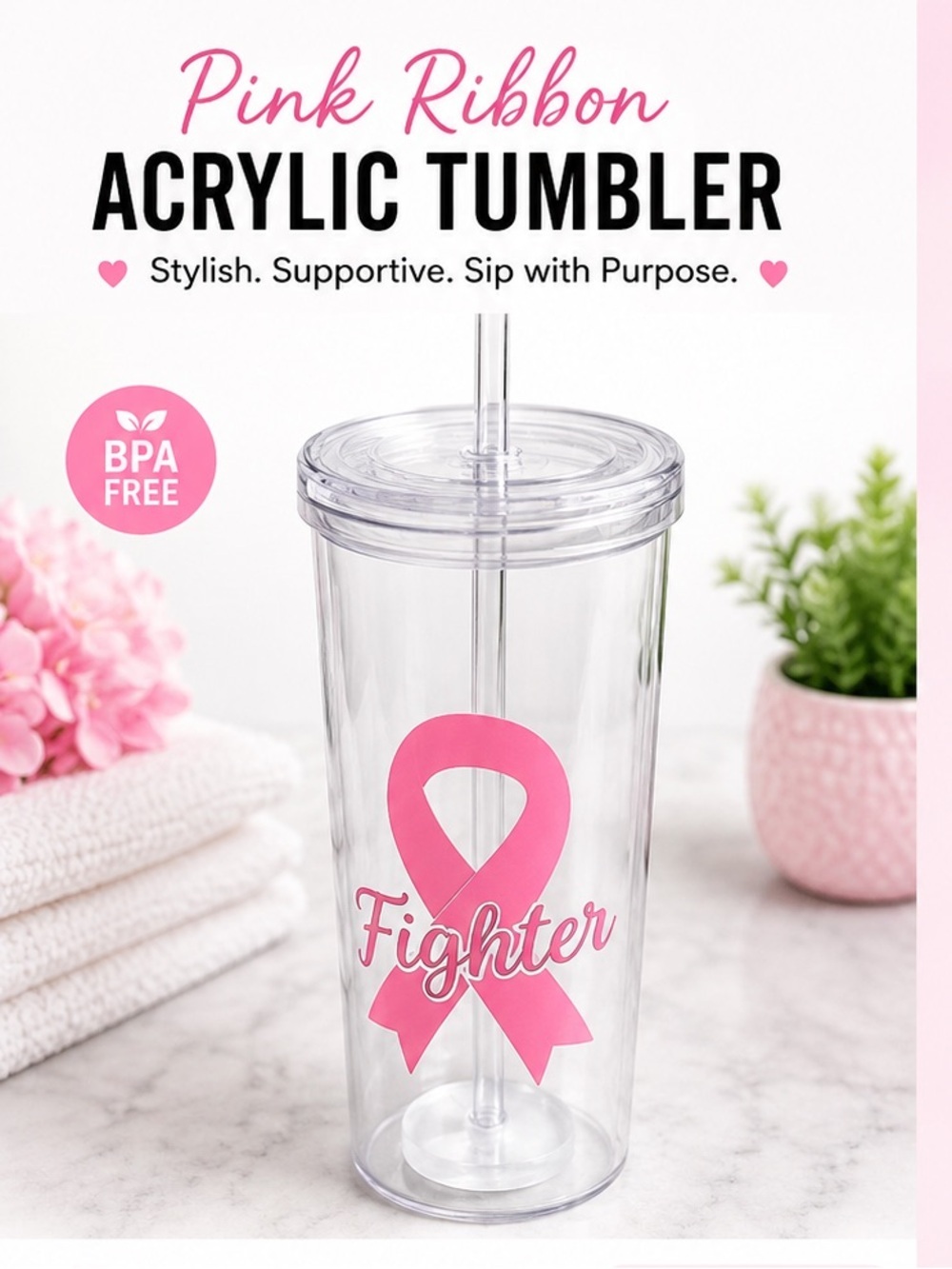Hand Crafted Pink 'Fighter' Double-Wall Tumbler with Straw